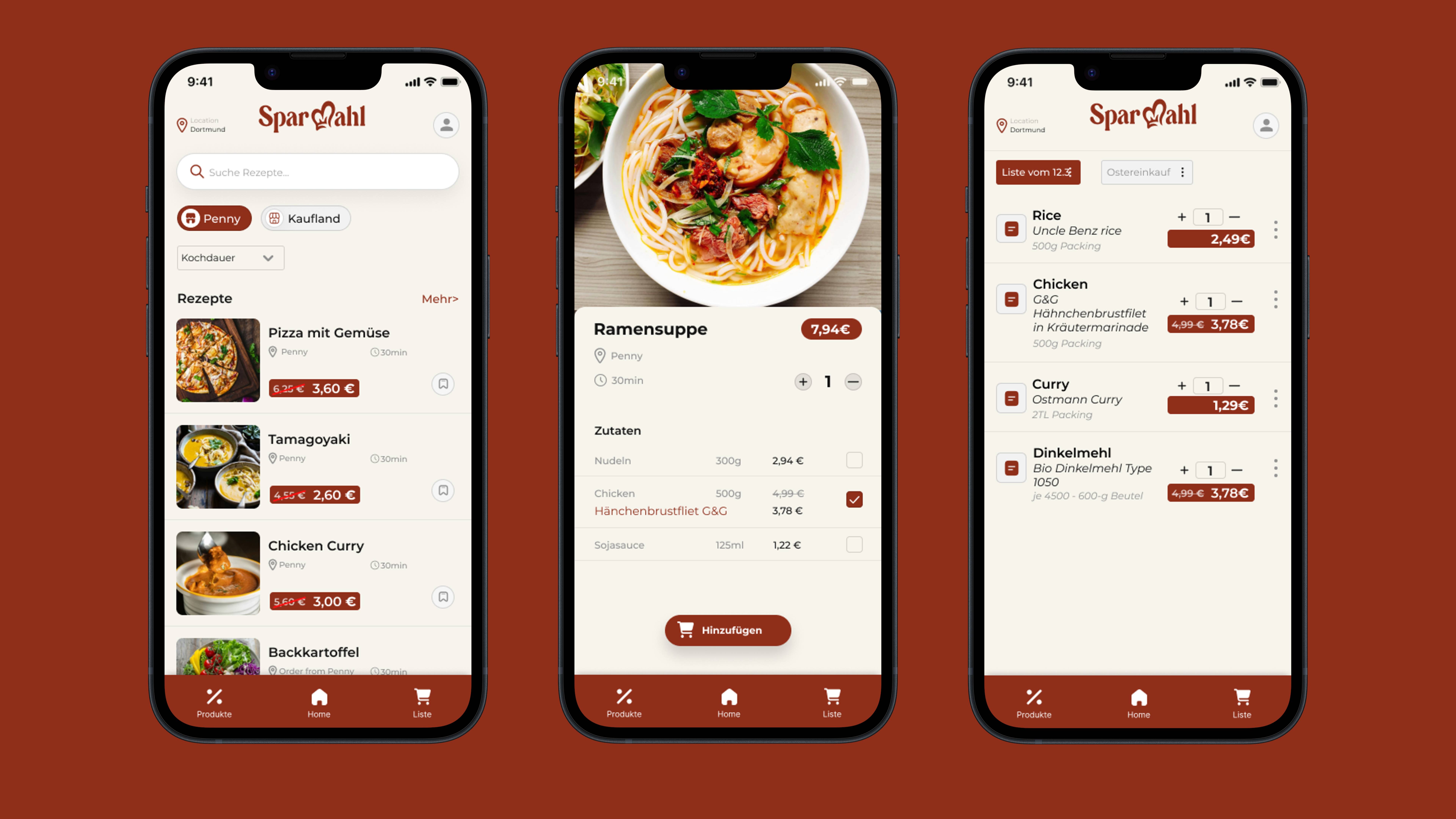 SparMahl App Mockup - Recipe and Shopping Interface